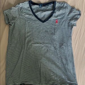 Navy blue and white striped polo shirt